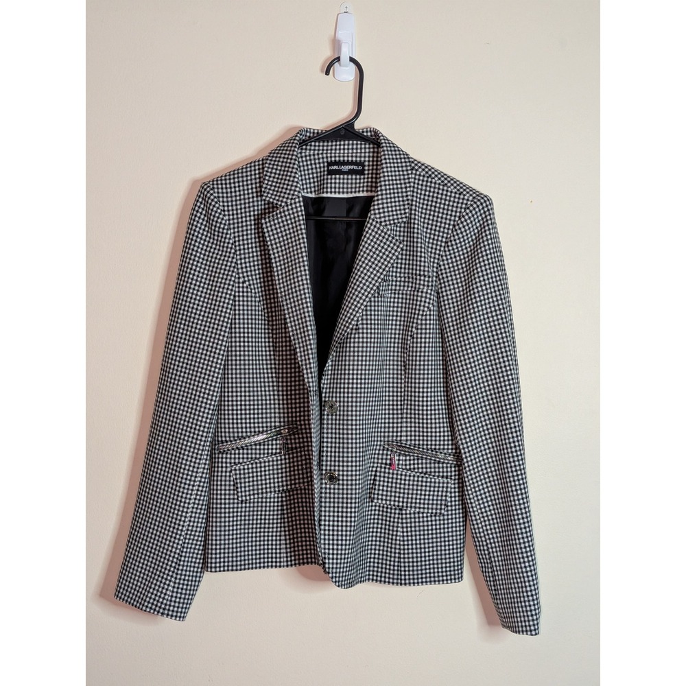 Karl Lagerfeld Paris Womens Gingham Check Blazer Black White Zipper L6CCV115 8NG